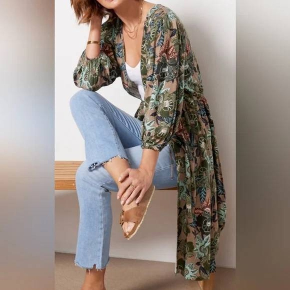 Evereve Womens Floral Rayon Duster‎  Kimono Dress Green XS/S Balloon Sleeve Tie